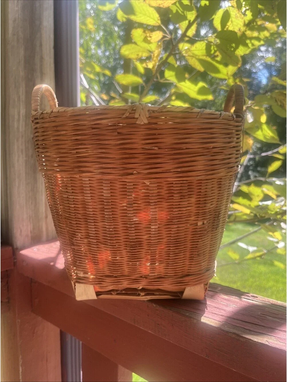 Vintage Woven Wicker Gathering Basket with Side Handles Rustic Farmhouse Decor